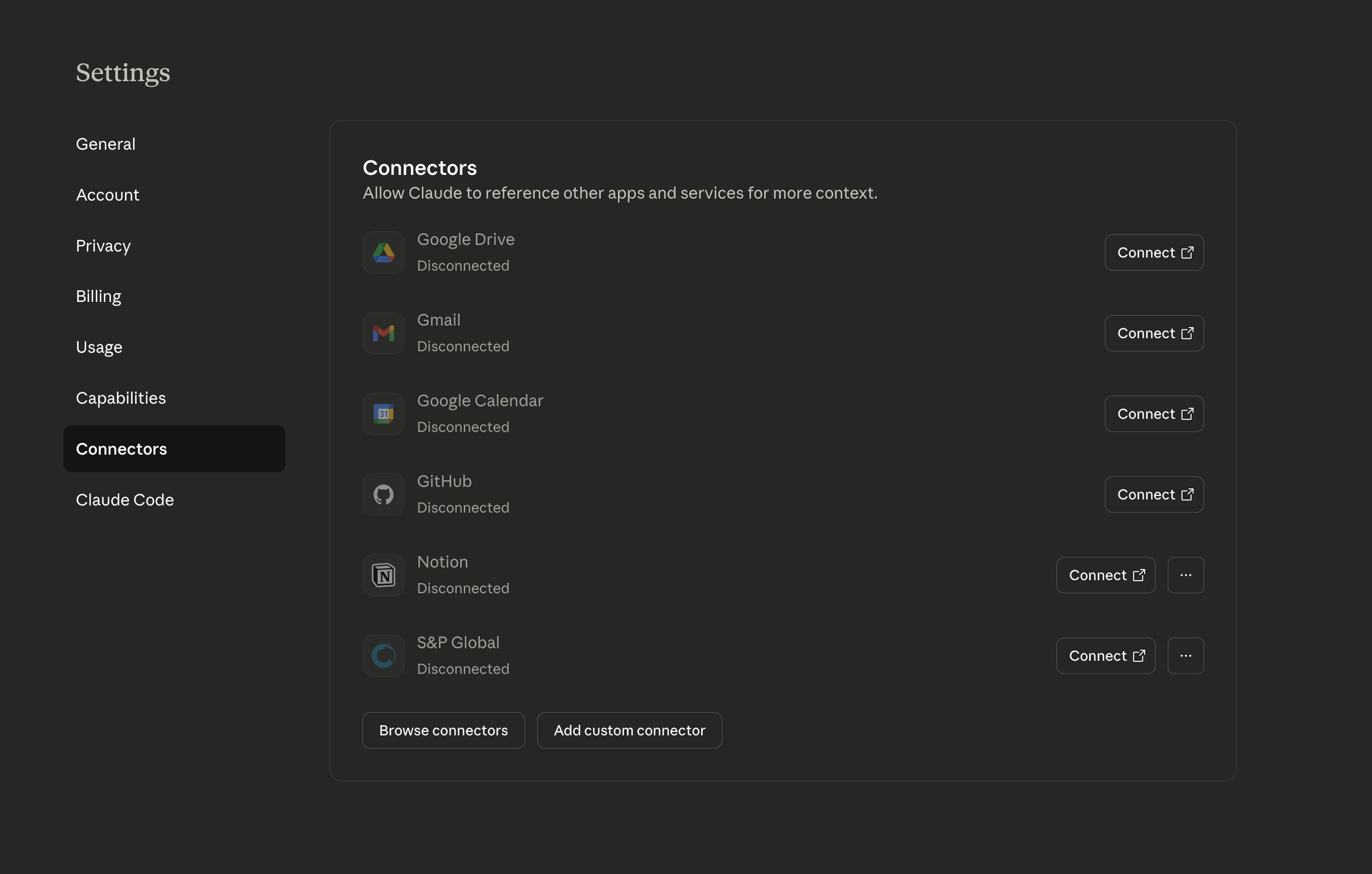 Claude.ai settings integrations page