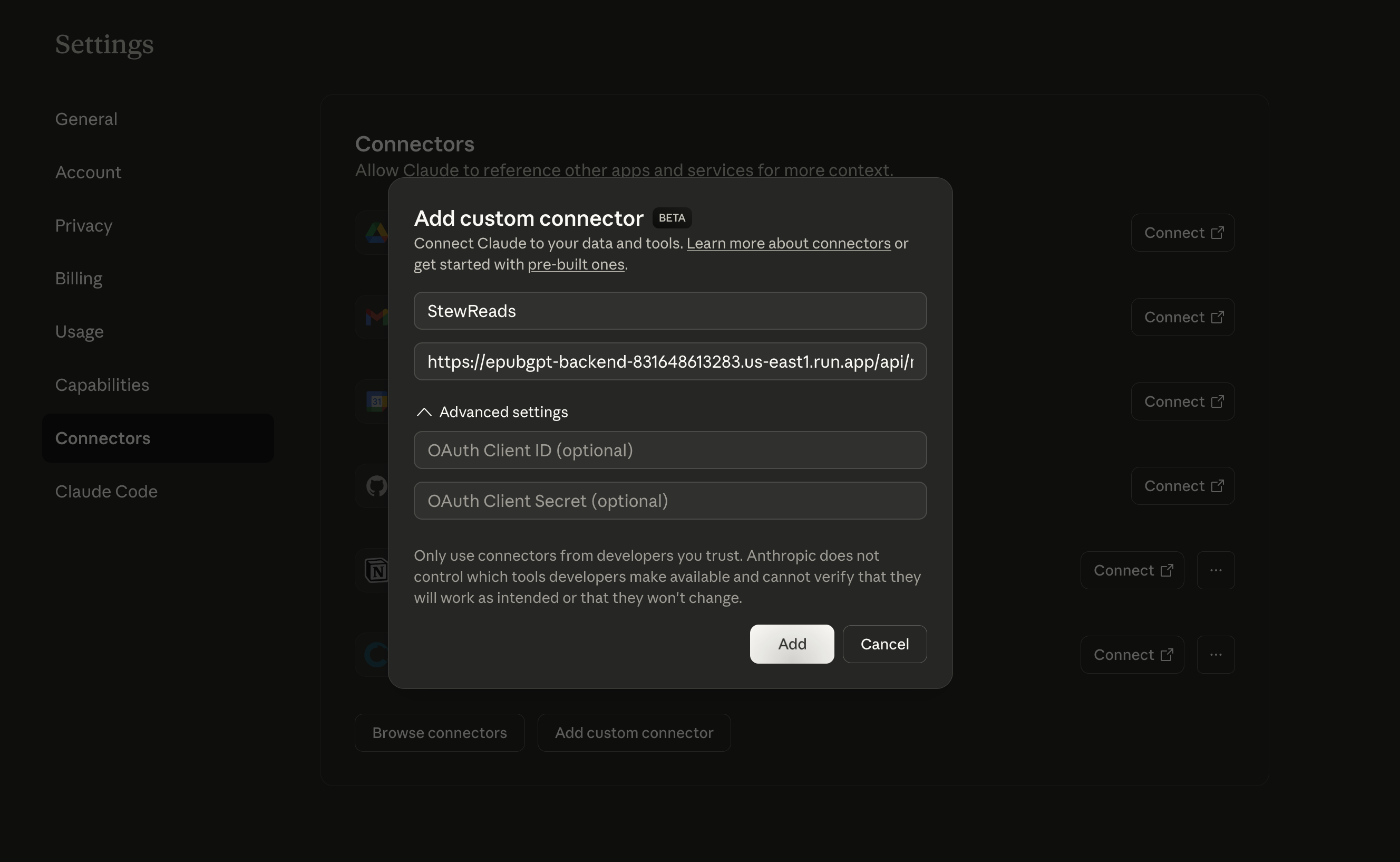 Add custom connector form